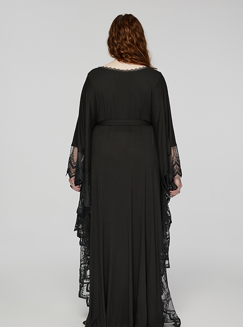 Black V Neck Stretch Knit With Lace Gothic Bat Silhouette Dress