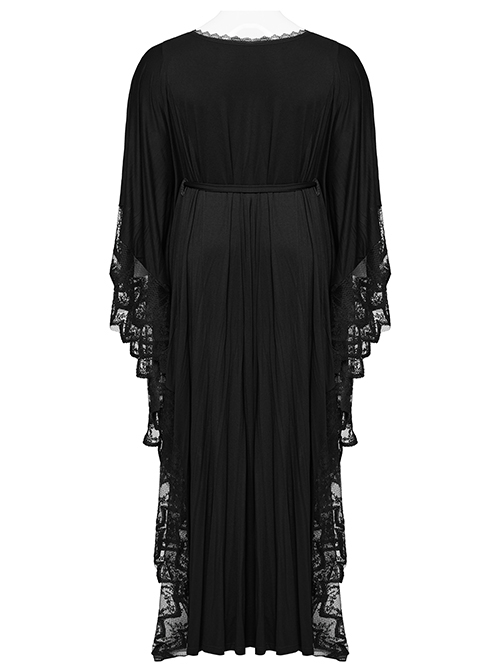 Black V Neck Stretch Knit With Lace Gothic Bat Silhouette Dress