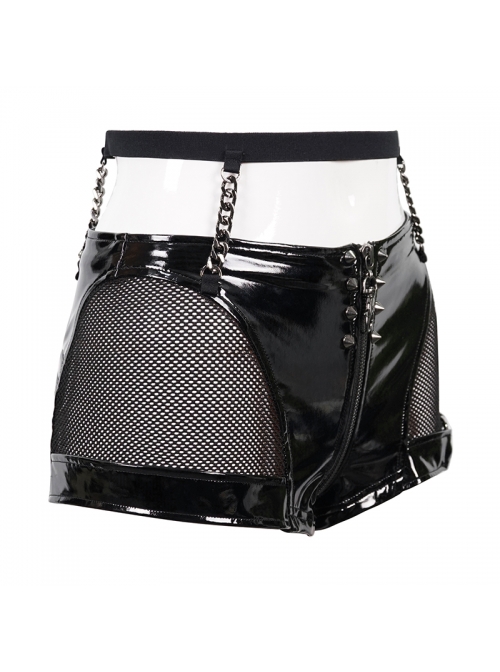 Patent Leather Splicing Elastic Mesh Rivet Chain Black Super Short Punk Pants