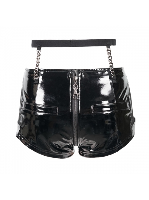 Patent Leather Splicing Elastic Mesh Rivet Chain Black Super Short Punk Pants