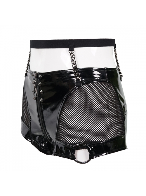 Patent Leather Splicing Elastic Mesh Rivet Chain Black Super Short Punk Pants