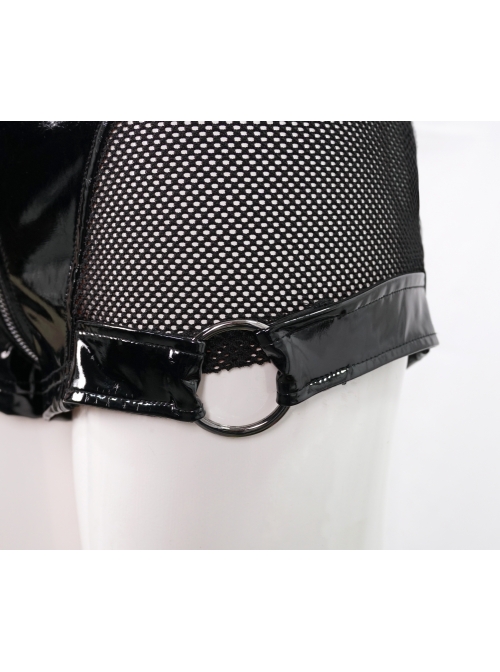 Patent Leather Splicing Elastic Mesh Rivet Chain Black Super Short Punk Pants