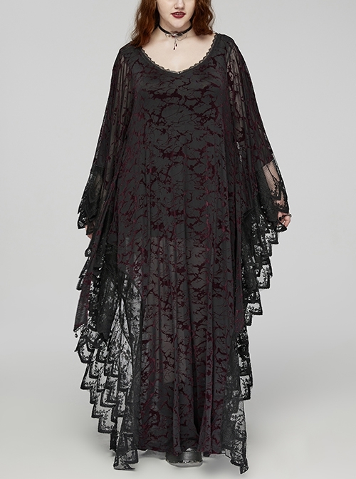 Black And Red V Neck Stretch Knit With Lace Gothic Bat Silhouette Dress