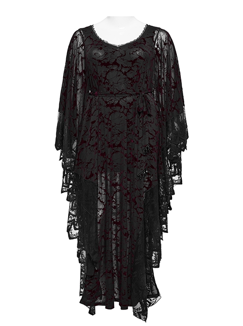 Black And Red V Neck Stretch Knit With Lace Gothic Bat Silhouette Dress