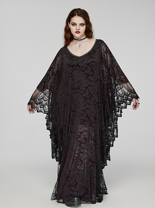 Black And Red V Neck Stretch Knit With Lace Gothic Bat Silhouette Dress