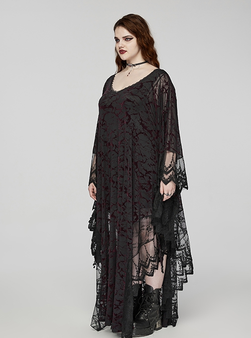 Black And Red V Neck Stretch Knit With Lace Gothic Bat Silhouette Dress