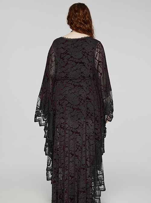 Black And Red V Neck Stretch Knit With Lace Gothic Bat Silhouette Dress