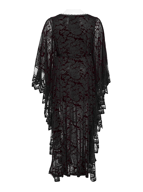 Black And Red V Neck Stretch Knit With Lace Gothic Bat Silhouette Dress
