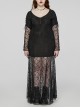Sexy Lace Knitted Fabric With Pleated Front And Rivet Gothic Style Slit Long Sleeve Dress