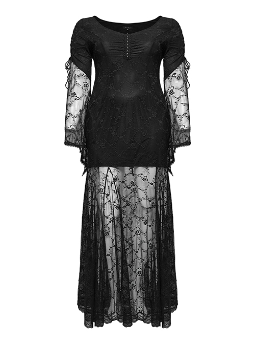 Sexy Lace Knitted Fabric With Pleated Front And Rivet Gothic Style Slit Long Sleeve Dress
