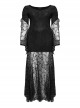 Sexy Lace Knitted Fabric With Pleated Front And Rivet Gothic Style Slit Long Sleeve Dress