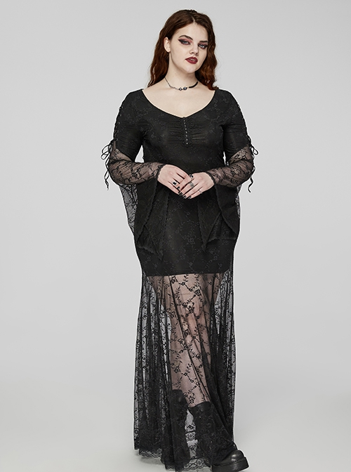 Sexy Lace Knitted Fabric With Pleated Front And Rivet Gothic Style Slit Long Sleeve Dress