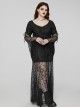 Sexy Lace Knitted Fabric With Pleated Front And Rivet Gothic Style Slit Long Sleeve Dress