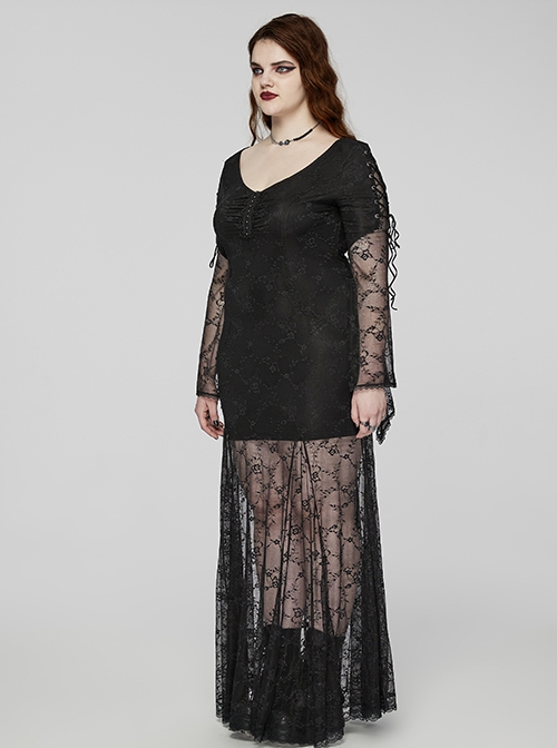 Sexy Lace Knitted Fabric With Pleated Front And Rivet Gothic Style Slit Long Sleeve Dress