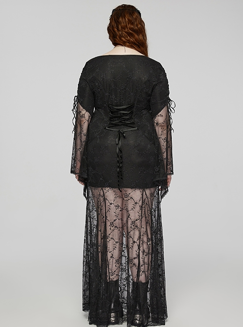 Sexy Lace Knitted Fabric With Pleated Front And Rivet Gothic Style Slit Long Sleeve Dress