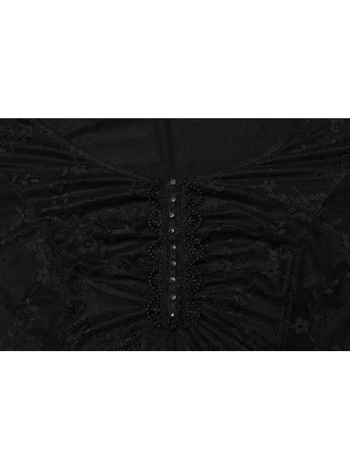 Sexy Lace Knitted Fabric With Pleated Front And Rivet Gothic Style Slit Long Sleeve Dress