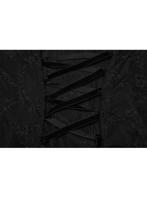 Sexy Lace Knitted Fabric With Pleated Front And Rivet Gothic Style Slit Long Sleeve Dress