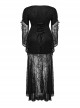 Sexy Lace Knitted Fabric With Pleated Front And Rivet Gothic Style Slit Long Sleeve Dress