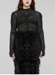 Black Stretch Micro Transparent Mesh Front Chest Pleated Link Embroidered Appliqué Gothic Style Long Sleeved T-Shirt
