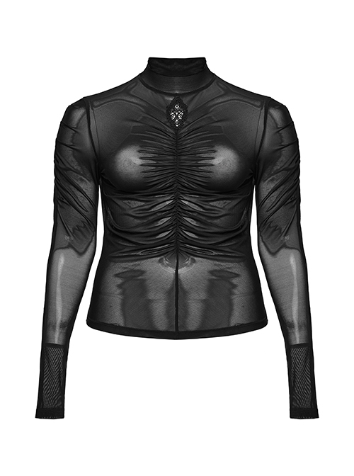 Black Stretch Micro Transparent Mesh Front Chest Pleated Link Embroidered Appliqué Gothic Style Long Sleeved T-Shirt