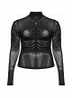 Black Stretch Micro Transparent Mesh Front Chest Pleated Link Embroidered Appliqué Gothic Style Long Sleeved T-Shirt