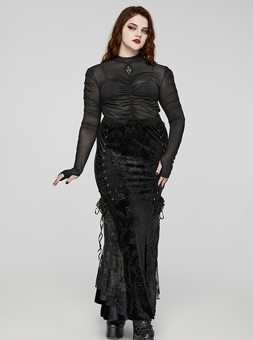 Black Stretch Micro Transparent Mesh Front Chest Pleated Link Embroidered Appliqué Gothic Style Long Sleeved T-Shirt