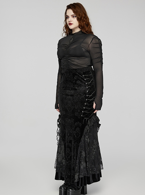 Black Stretch Micro Transparent Mesh Front Chest Pleated Link Embroidered Appliqué Gothic Style Long Sleeved T-Shirt
