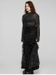 Black Stretch Micro Transparent Mesh Front Chest Pleated Link Embroidered Appliqué Gothic Style Long Sleeved T-Shirt