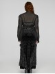 Black Stretch Micro Transparent Mesh Front Chest Pleated Link Embroidered Appliqué Gothic Style Long Sleeved T-Shirt