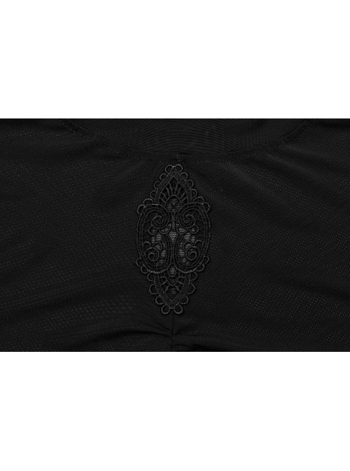 Black Stretch Micro Transparent Mesh Front Chest Pleated Link Embroidered Appliqué Gothic Style Long Sleeved T-Shirt