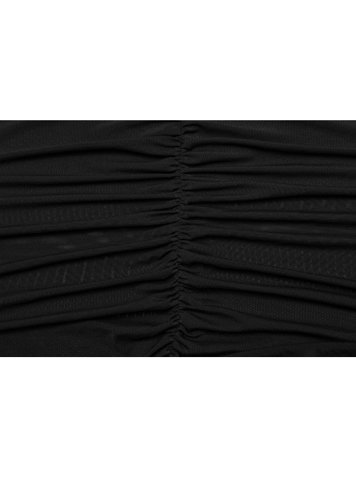 Black Stretch Micro Transparent Mesh Front Chest Pleated Link Embroidered Appliqué Gothic Style Long Sleeved T-Shirt