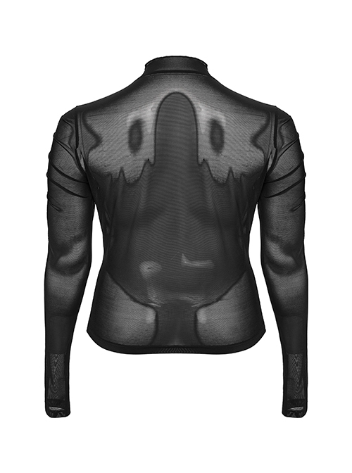 Black Stretch Micro Transparent Mesh Front Chest Pleated Link Embroidered Appliqué Gothic Style Long Sleeved T-Shirt