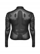 Black Stretch Micro Transparent Mesh Front Chest Pleated Link Embroidered Appliqué Gothic Style Long Sleeved T-Shirt