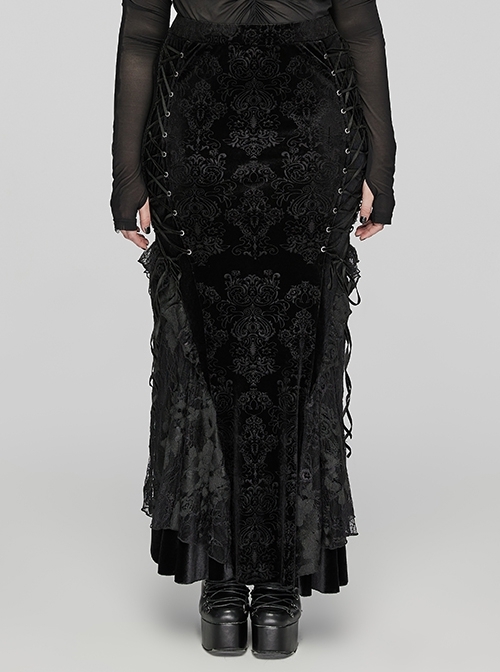 Gorgeous Black Embossed Velvet Stitching Layered Lace Front Eyelet String Decoration Gothic Style Fishtail Skirt
