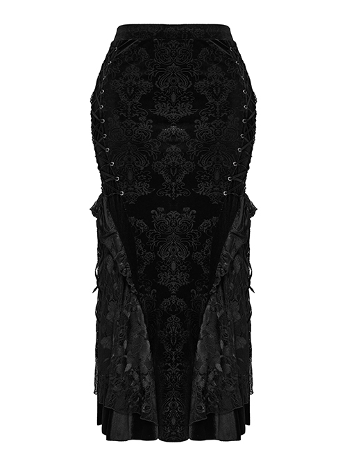 Gorgeous Black Embossed Velvet Stitching Layered Lace Front Eyelet String Decoration Gothic Style Fishtail Skirt