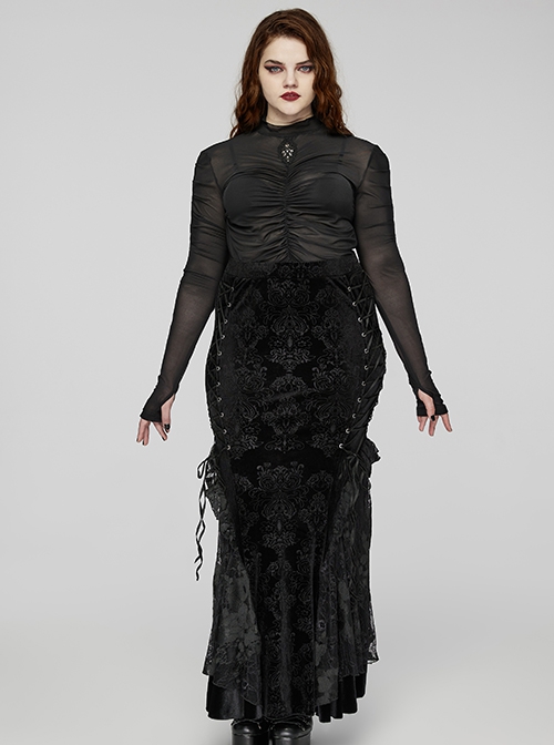 Gorgeous Black Embossed Velvet Stitching Layered Lace Front Eyelet String Decoration Gothic Style Fishtail Skirt