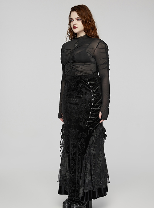 Gorgeous Black Embossed Velvet Stitching Layered Lace Front Eyelet String Decoration Gothic Style Fishtail Skirt