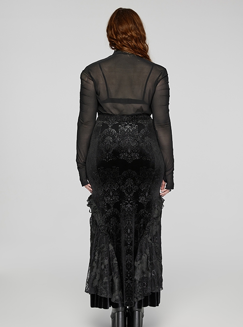 Gorgeous Black Embossed Velvet Stitching Layered Lace Front Eyelet String Decoration Gothic Style Fishtail Skirt