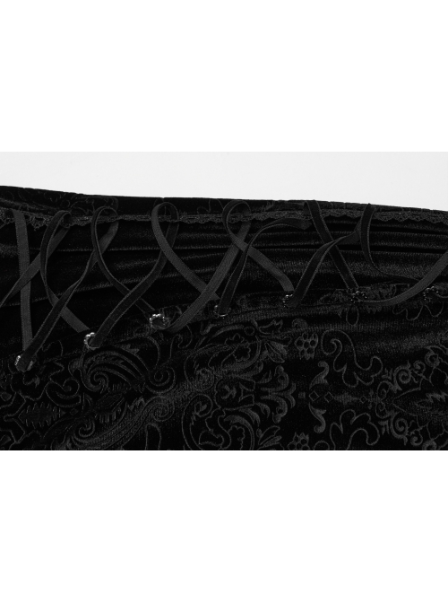 Gorgeous Black Embossed Velvet Stitching Layered Lace Front Eyelet String Decoration Gothic Style Fishtail Skirt