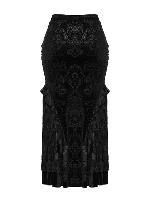 Gorgeous Black Embossed Velvet Stitching Layered Lace Front Eyelet String Decoration Gothic Style Fishtail Skirt