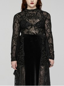 Black Elastic Flocked Mesh With See Through Print Gothic Style Sexy Long Sleeved T-Shirt