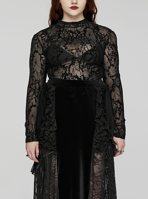 Black Elastic Flocked Mesh With See Through Print Gothic Style Sexy Long Sleeved T-Shirt