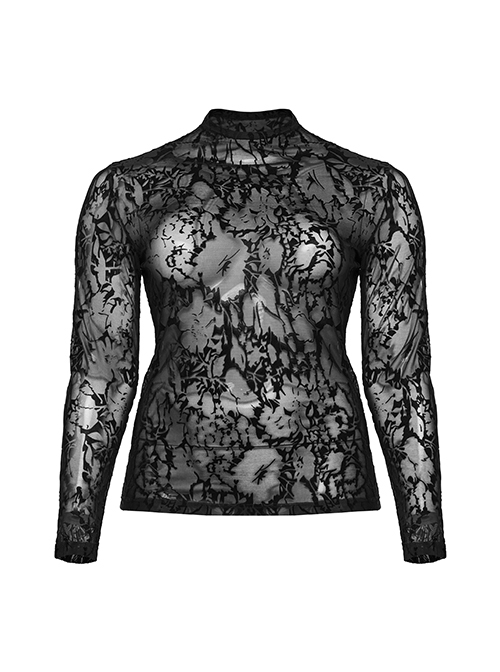 Black Elastic Flocked Mesh With See Through Print Gothic Style Sexy Long Sleeved T-Shirt