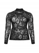 Black Elastic Flocked Mesh With See Through Print Gothic Style Sexy Long Sleeved T-Shirt