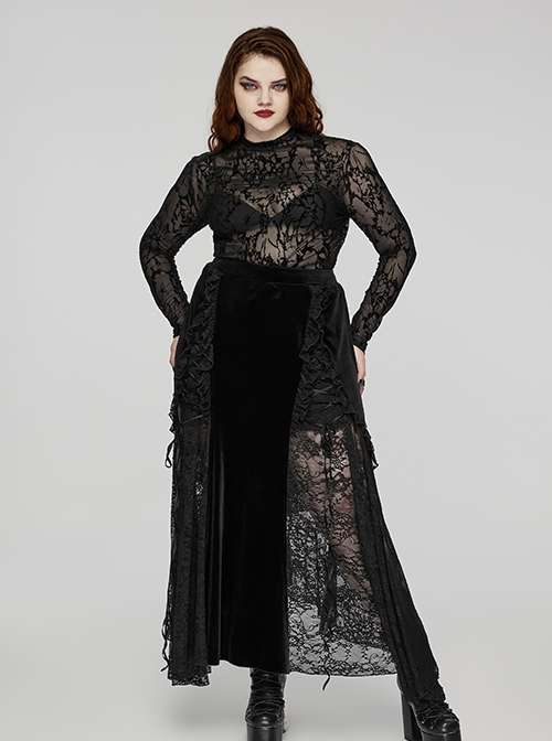Black Elastic Flocked Mesh With See Through Print Gothic Style Sexy Long Sleeved T-Shirt
