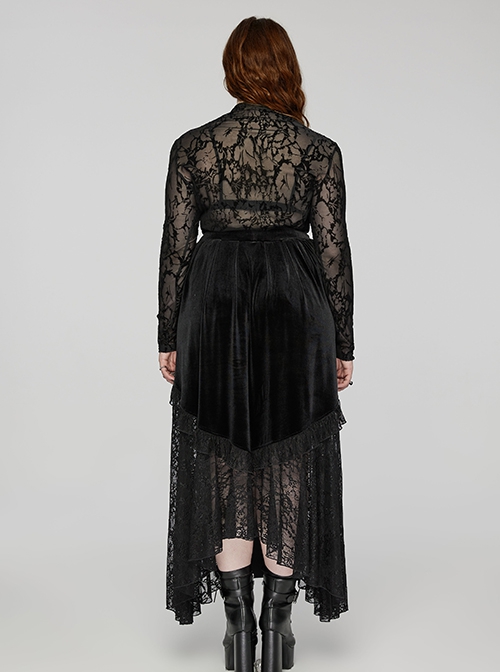 Black Elastic Flocked Mesh With See Through Print Gothic Style Sexy Long Sleeved T-Shirt