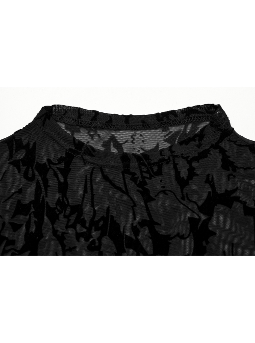 Black Elastic Flocked Mesh With See Through Print Gothic Style Sexy Long Sleeved T-Shirt