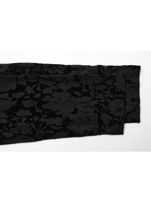 Black Elastic Flocked Mesh With See Through Print Gothic Style Sexy Long Sleeved T-Shirt
