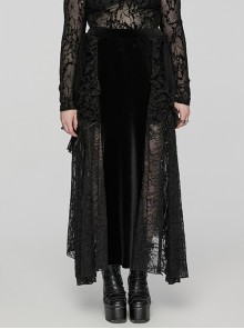 Sexy Black Velvet Spliced Lace Ruffled Front Long Back Short Gothic Style Rope Skirt