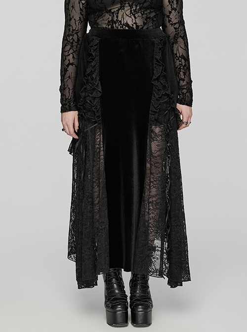 Sexy Black Velvet Spliced ​​Lace Ruffled Front Long Back Short Gothic Style Rope Skirt
